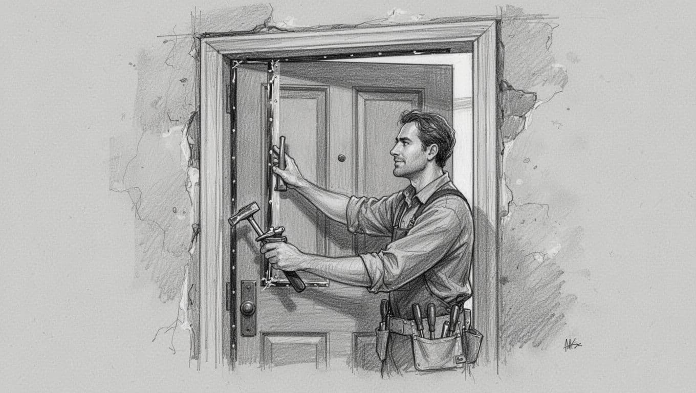 A professional handyman with tools mounts a heavy new house door into an old frame, illustrating precise alignment and sealing steps. Hand-drawn graphite sketch on light gray paper using thin lines, subtle shading, and a coherent gray palette.