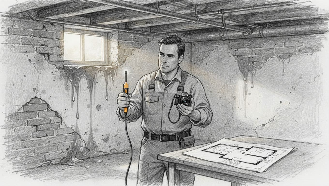 Hand-drawn graphite sketch of a professional expert inspecting a wet basement wall using a moisture probe, camera, and consulting plans in a cellar setting with light shading.