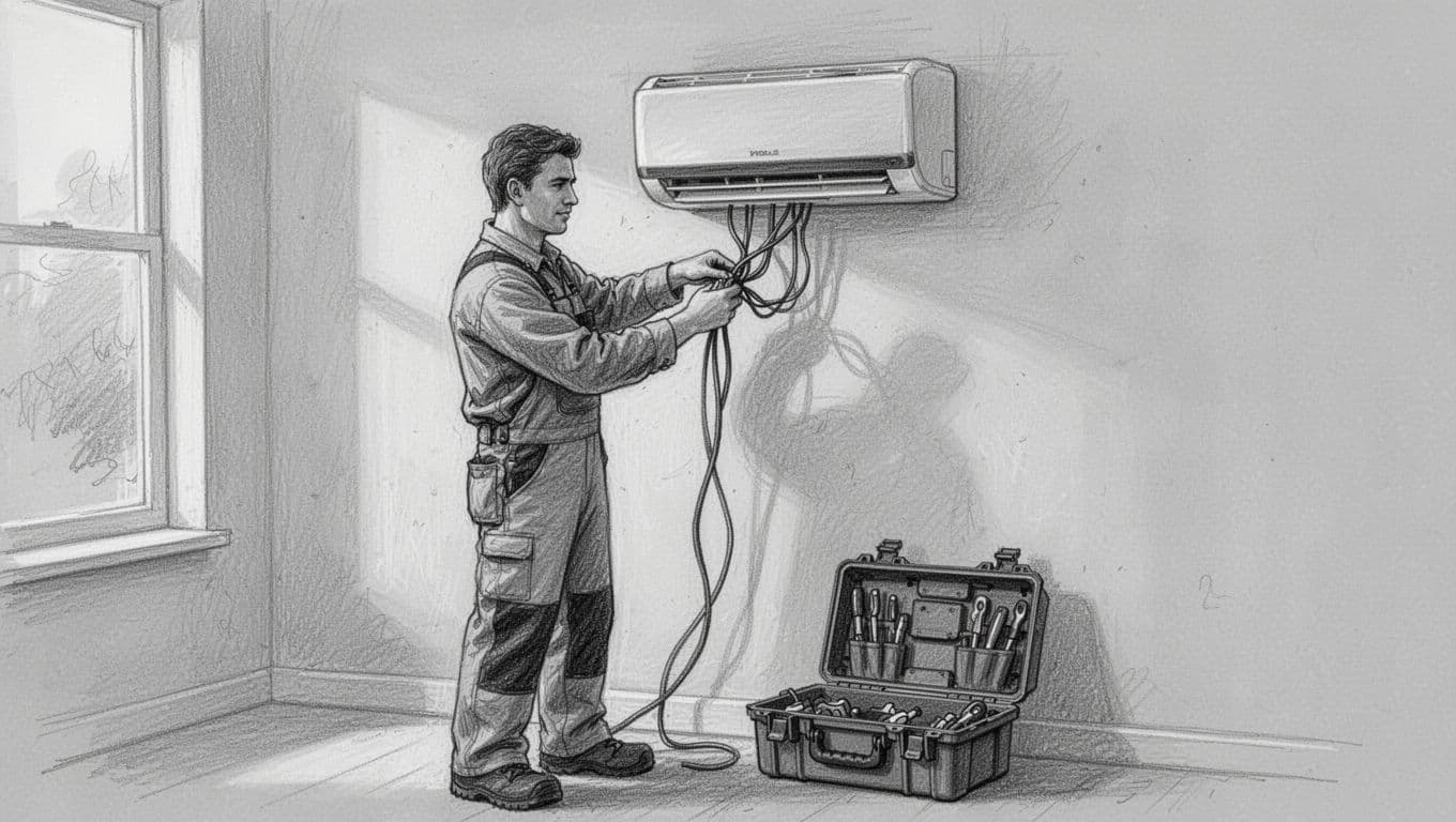 Hand-drawn graphite sketch depicting a professional installer connecting electrical wires to a decentralized ventilation unit mounted on a home wall, with an open toolbox nearby. Subtle wiring details, light shading, clean light gray paper background, exactly one person in work clothes, no text or extra elements.