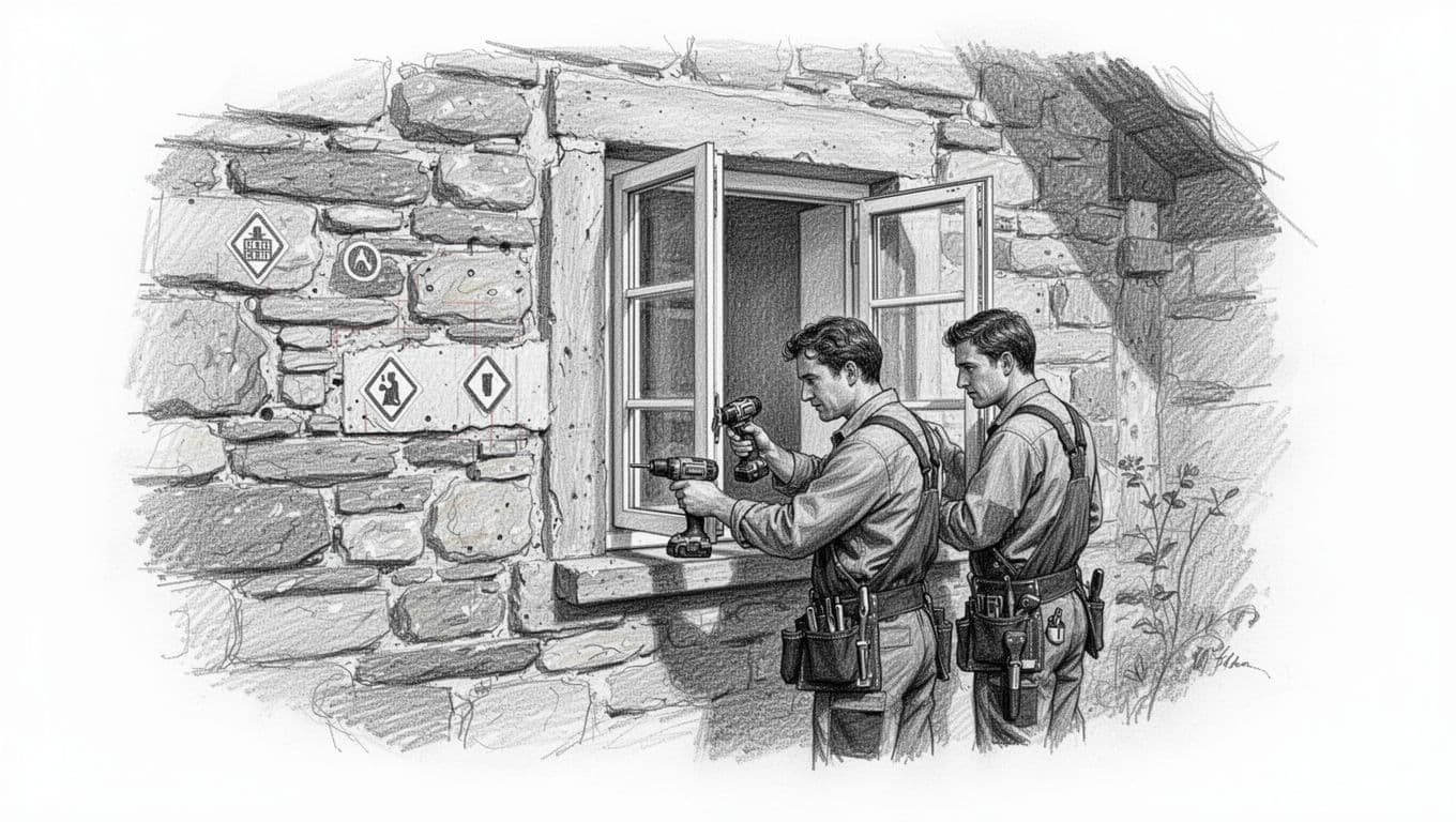 Hand-drawn graphite sketch on white background showing an older house facade with load-bearing wall marked and historical monument protection sign, where two professional installers carefully use tools at a window opening, with subtle warning icons, light shading, and no text or extra people.