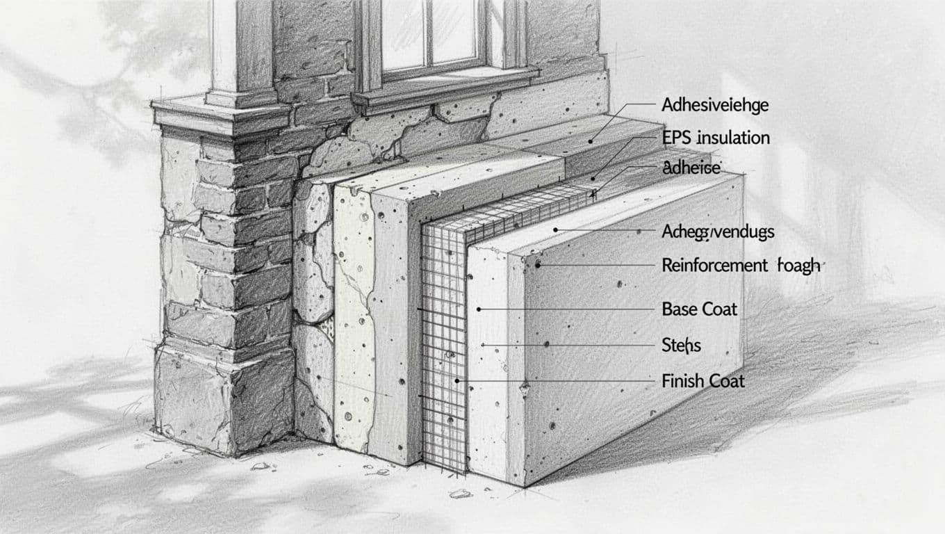 Handgezeichnete Skizze eines Fassadenquerschnitts mit Schichten: Mauerwerk, Kleber, EPS-Dämmplatte, Armierungsgewebe, Grundputz, Oberputz.