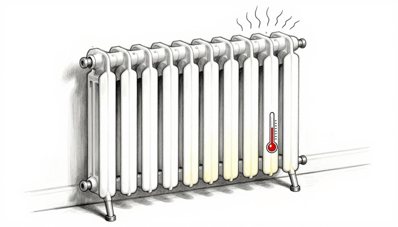 Hand-drawn graphite sketch of a side-view classic panel radiator with air bubbles at the top, wavy gurgling sound lines, cold shaded top area, warm bottom, and thermometer icons indicating temperatures.