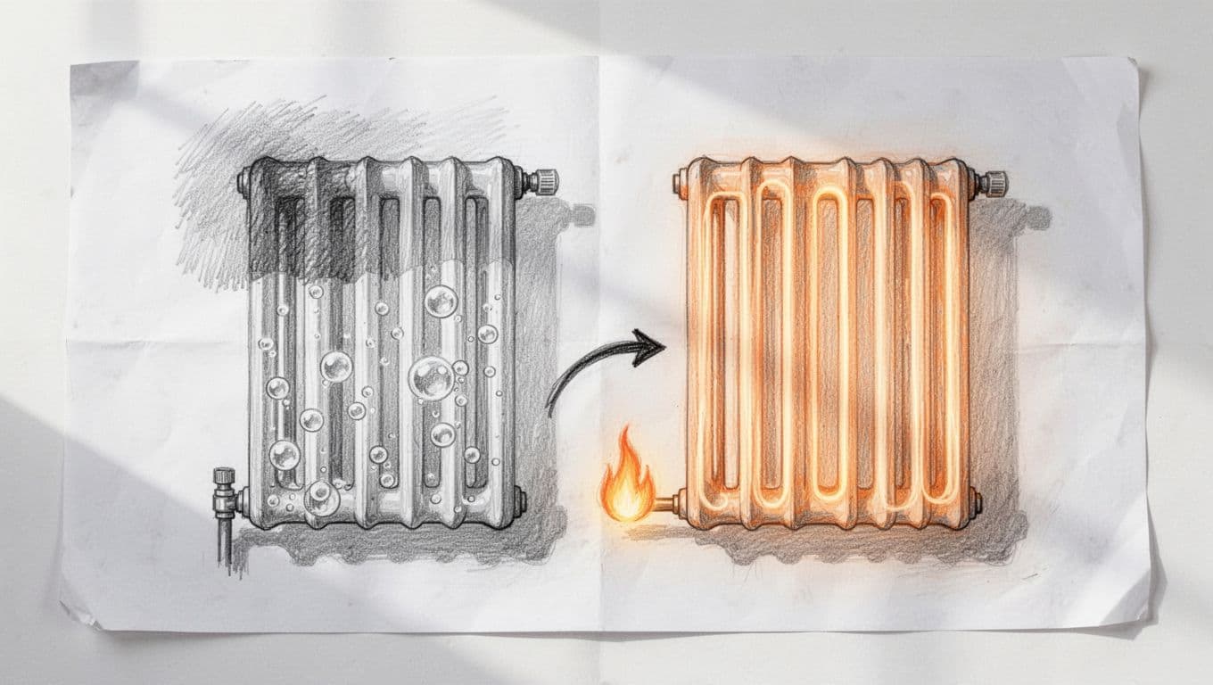 Side-by-side hand-drawn sketch: left blocked radiator with air bubbles and shaded cold top, right vented with even heat; arrow indicates energy savings via shrinking flame or euro symbol.