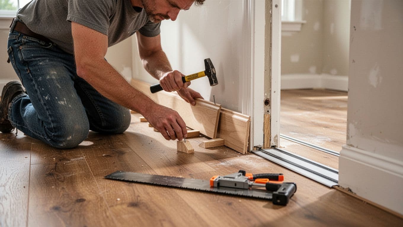 Hand-drawn graphite sketch showing one person removing expansion wedges from wall gaps after laminate installation, then fitting and nailing baseboards with miter saw cuts and a transition profile at the door, on clean white paper.