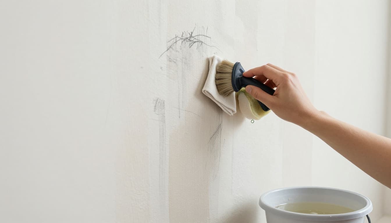 Hand-drawn graphite sketch showing one person applying vinegar-water solution with a brush to thick old layered wallpaper on a plaster wall, using a steam alternative by pressing a damp cloth over an iron against the wall, cleaning residues with a sponge, and a bucket of vinegar mix nearby in a simple room.