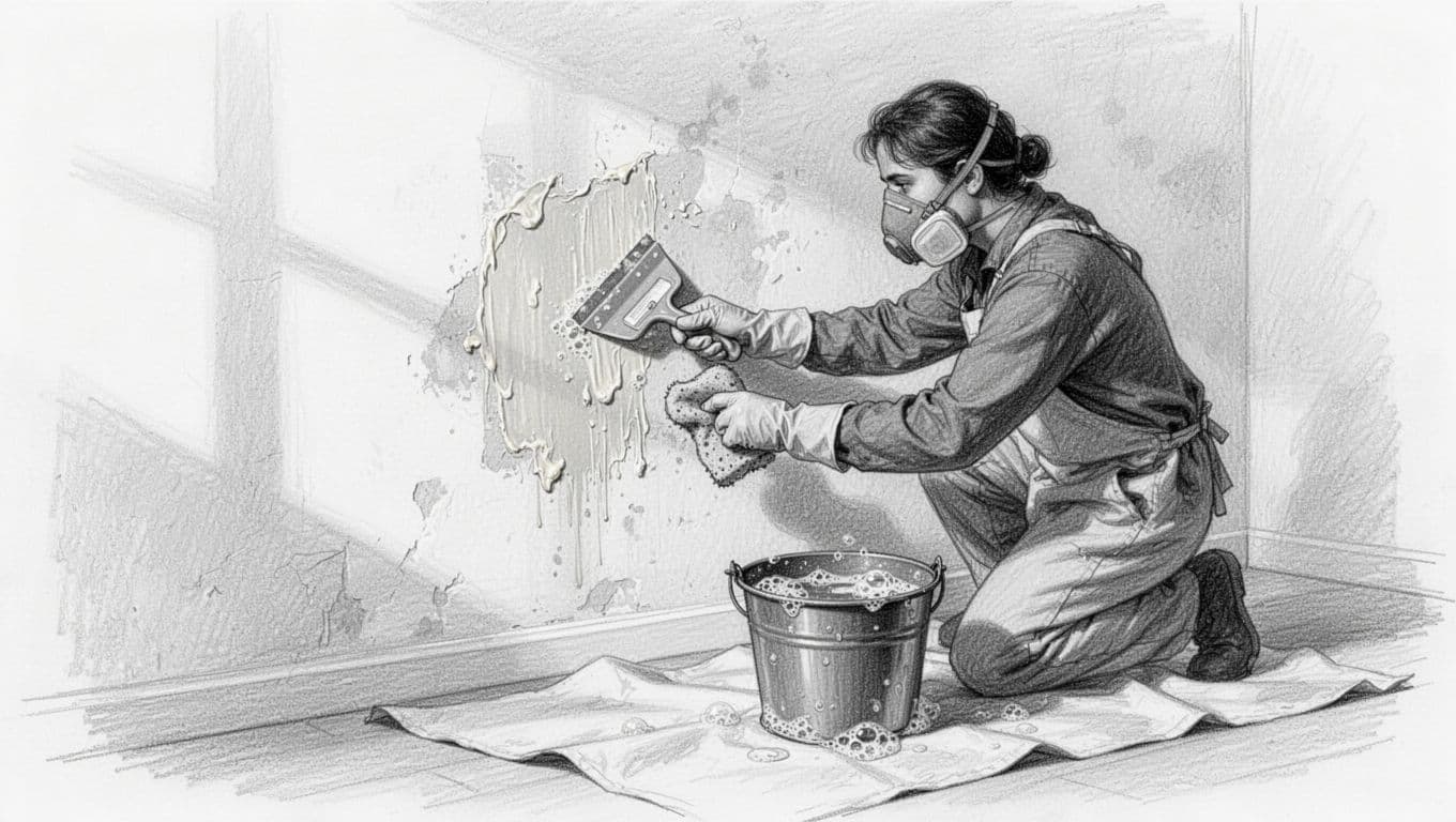 Hand-drawn graphite sketch of a person in gloves and mask using a plastic scraper and damp sponge to remove stubborn wallpaper glue residue from a plaster wall, with a bucket of soapy water nearby and drop cloth on the floor.