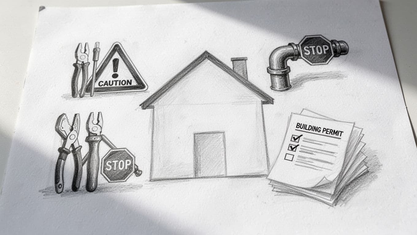 Hand-drawn graphite sketch on white paper illustrating key renovation risk warnings: electrician tools with caution, gas pipe with stop symbol, building permit at town hall, and Fachbetrieb checklist, arranged around a house outline with light shading and clean lines.