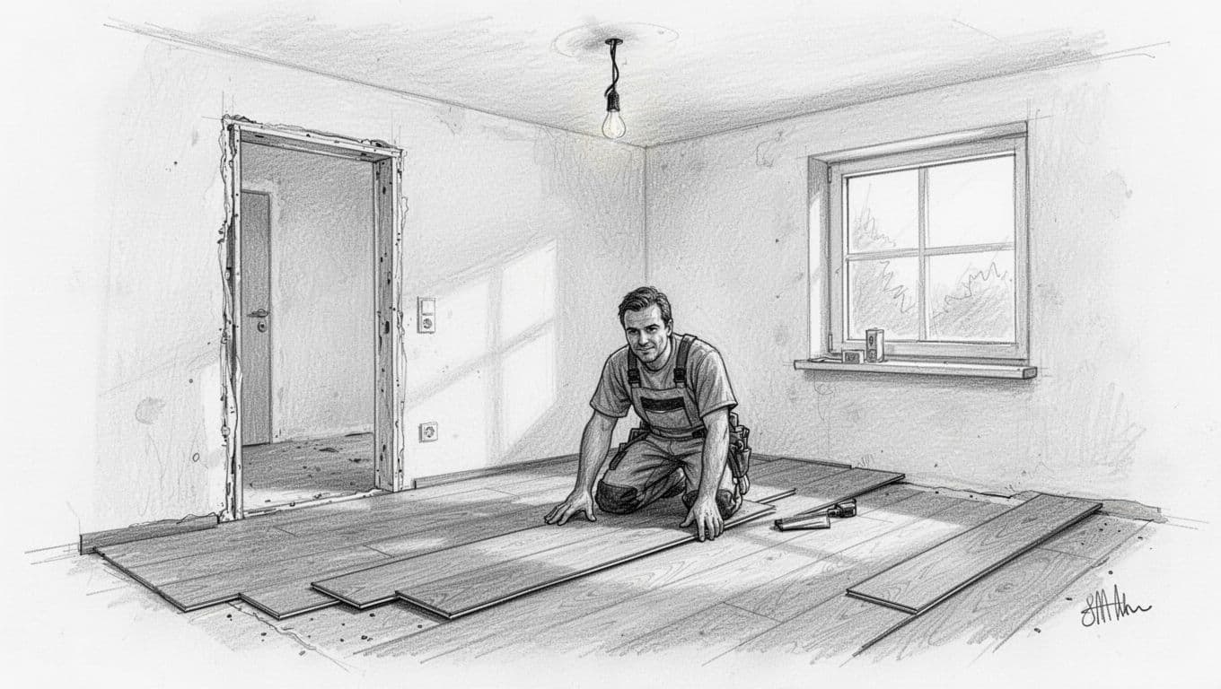 Hand-drawn graphite sketch depicting one worker laying laminate flooring with relaxed hands, nearby door frame, and mounted ceiling light in a simple German house interior during final renovation.