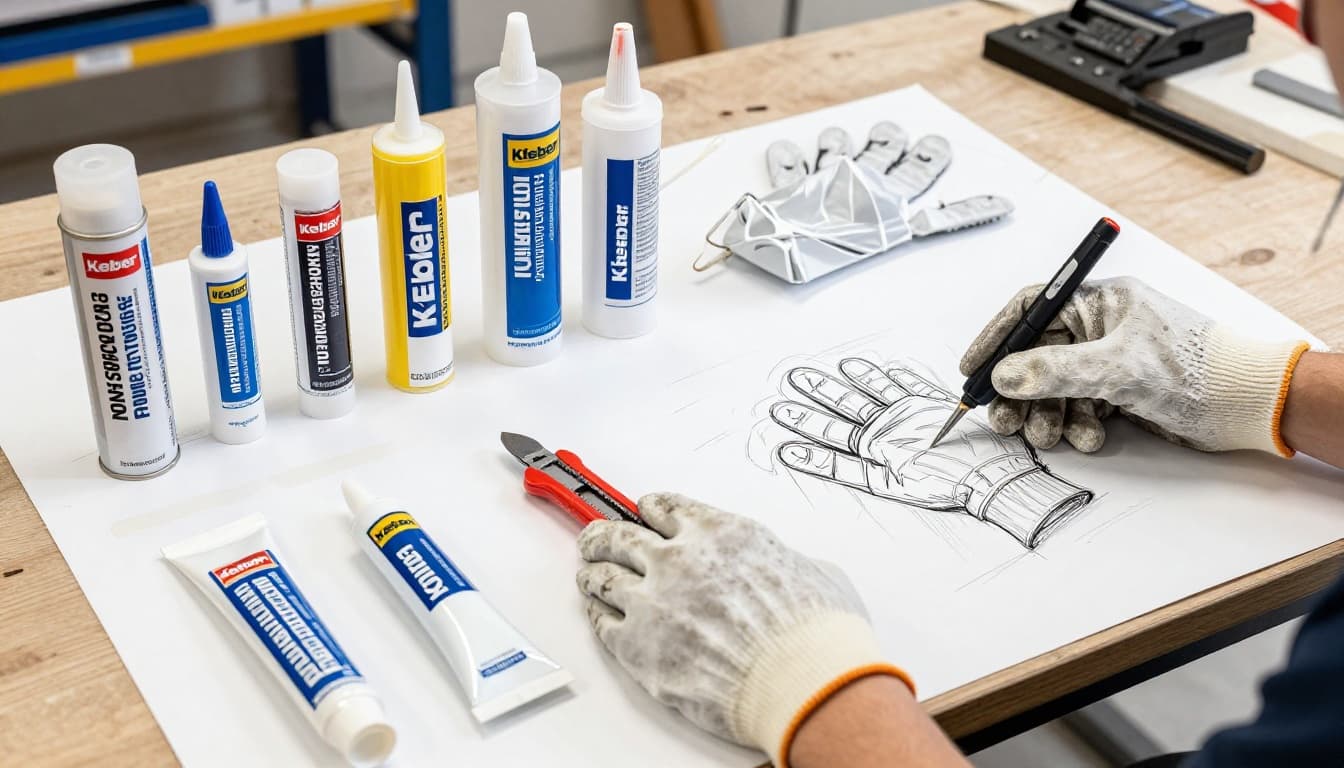 Top-down hand-drawn graphite sketch of non-expanding PU foam canister, silicone tube, construction adhesive tube, utility knife, protective gloves, and dust mask arranged on a workbench for roller shutter box insulation.