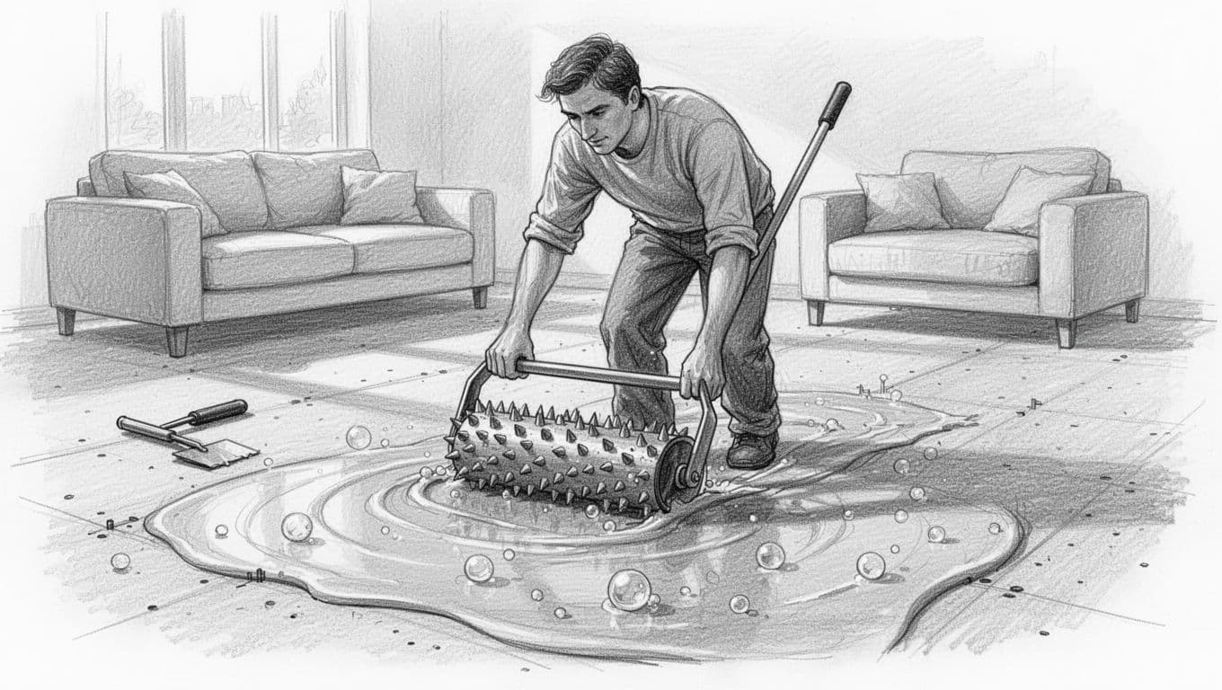 Hand-drawn graphite sketch of one person rolling a spiked air-release roller over freshly poured self-leveling floor compound on an estrich floor in a living room, bubbles rising and popping.