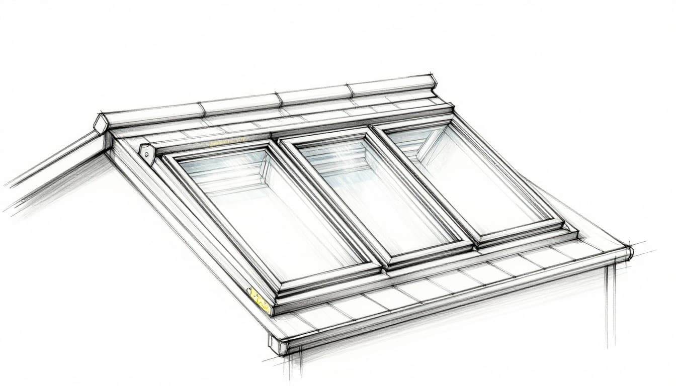Hand-drawn graphite sketch of different roof window types side by side: standard tilt-turn skylight, larger panoramic version, one with triple glazing detail visible, insulation and drywall around installation edges, simple roof section, clean white background, light shading, no text, no people, consistent linework.