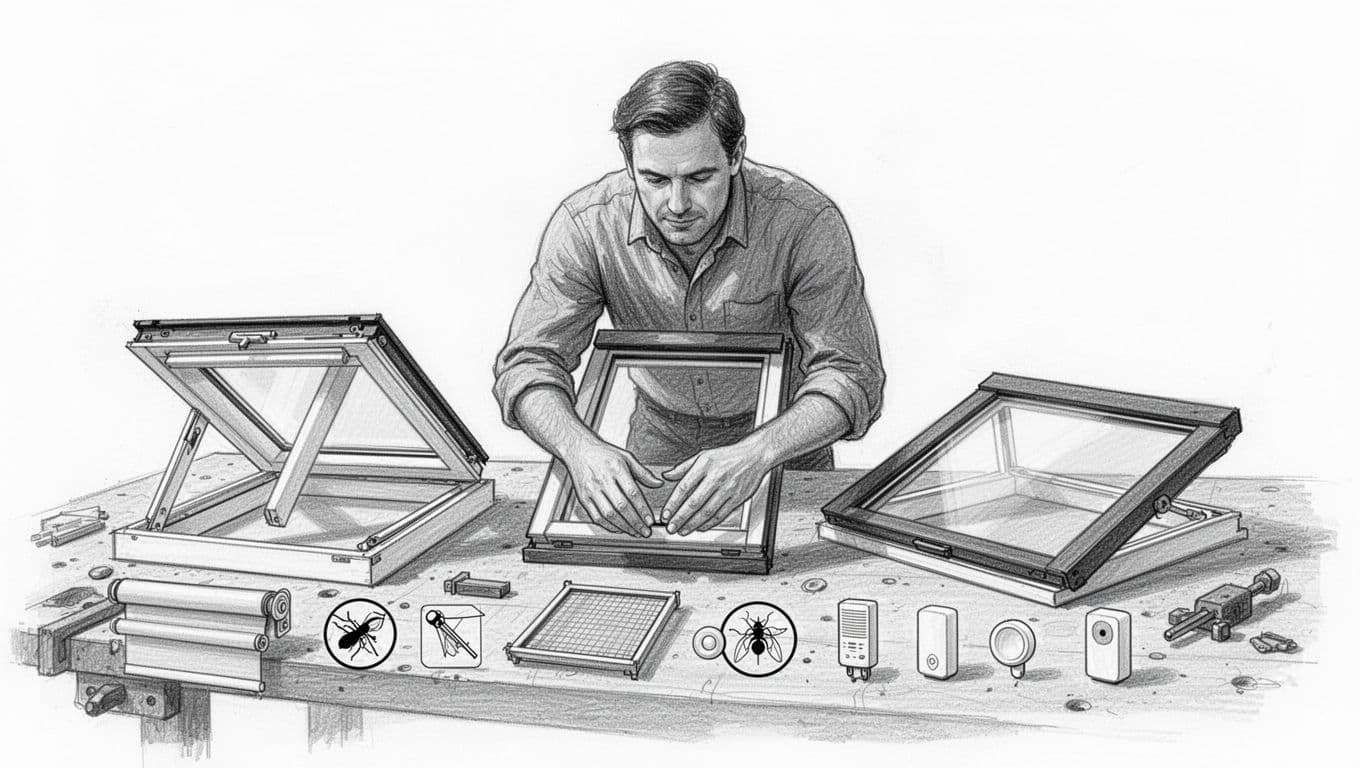 Hand-drawn graphite sketch of a workshop table showcasing various roof window types including tilt-turn skylights, pivot windows, and panoramic models, with energy efficiency icons, accessories like roller blinds, insect screens, and sensors. A homeowner examines the samples closely amid simple tools on a clean white background.