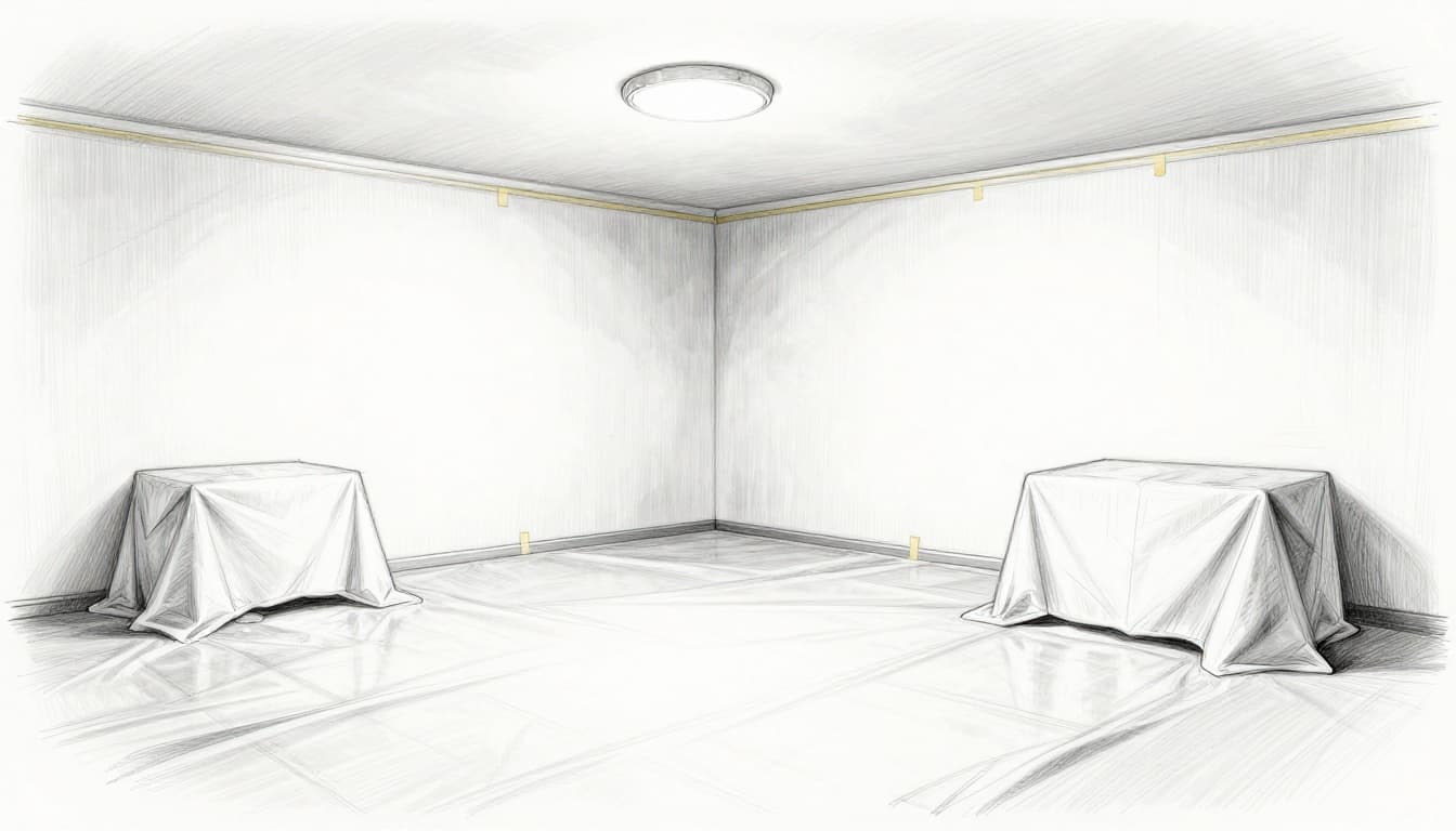 Hand-drawn sketch of an empty room set up for ceiling painting, with protective plastic sheeting on the floor, painter's tape along wall-ceiling edges and around the light fixture, and furniture covered by drop cloths.