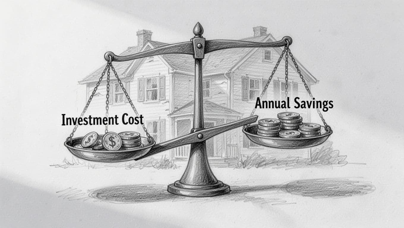 Hand-drawn graphite sketch on white paper depicting a balance scale comparing investment costs versus annual savings for room ventilation, with euro savings icons, 5-10 year payback period, old house background, light shading, and clean composition.