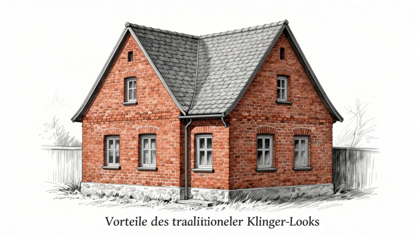 Hand-drawn graphite sketch of a traditional rustic German house exterior with classic red klinker brick facade, warm sunlight highlighting the bricks on a clean white background.