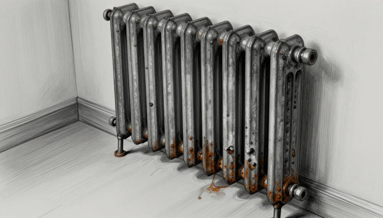 Hand-drawn graphite sketch of an old rusty cast iron radiator with leaks, water stains, and floor corrosion in a dimly lit room interior.