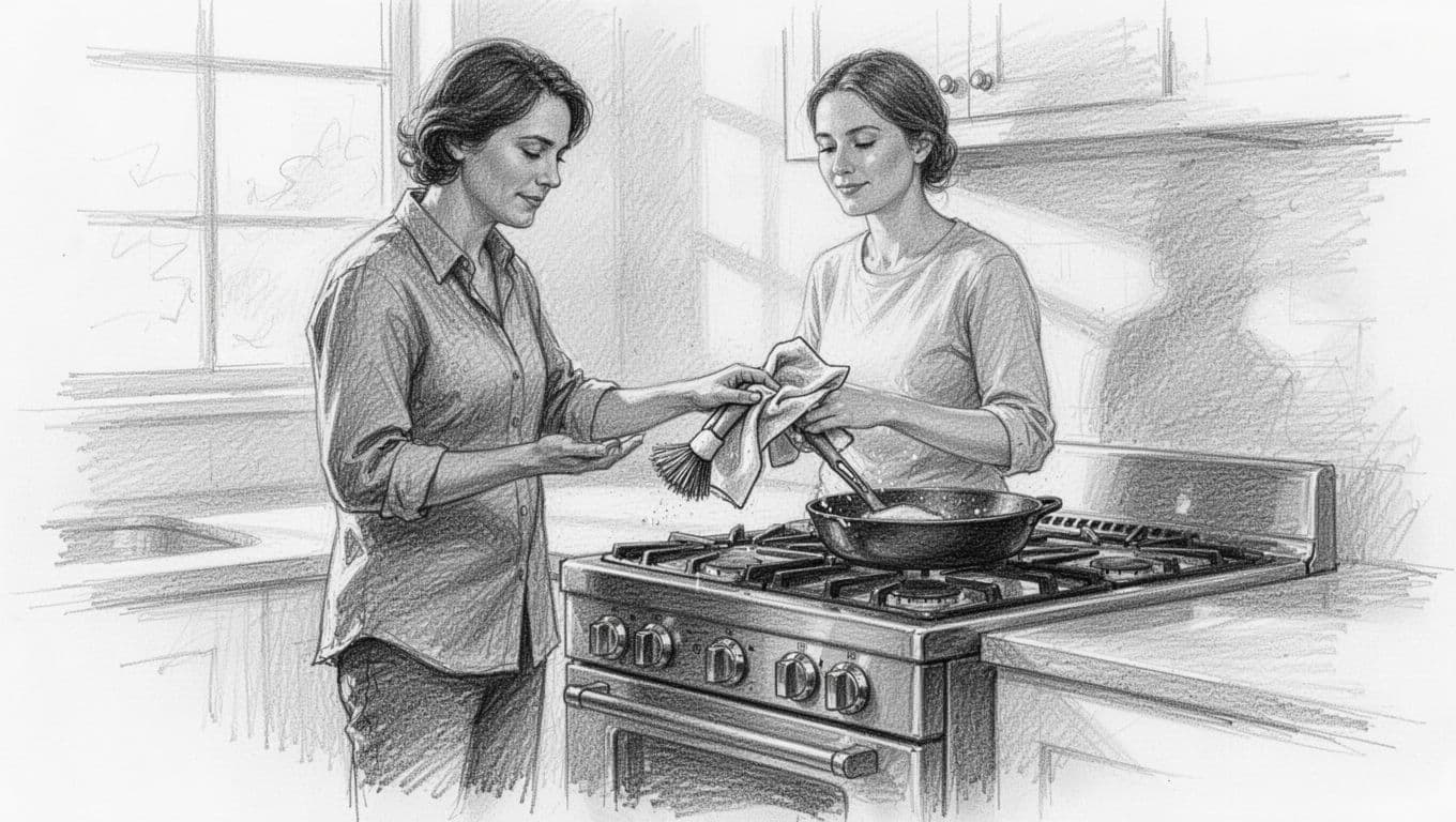 Hand-drawn graphite sketch of a homeowner carefully cleaning a gas stove surface with a soft brush and cloth in a bright kitchen, relaxed pose, light shading, clean white background.