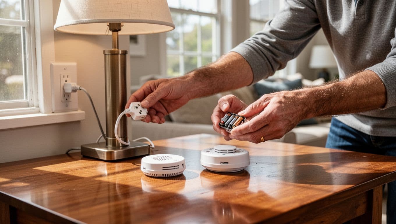 Hand-drawn graphite sketch of a homeowner safely plugging in a lamp and replacing batteries in a smoke detector on a wooden table in a bright living room, relaxed pose with light shading.