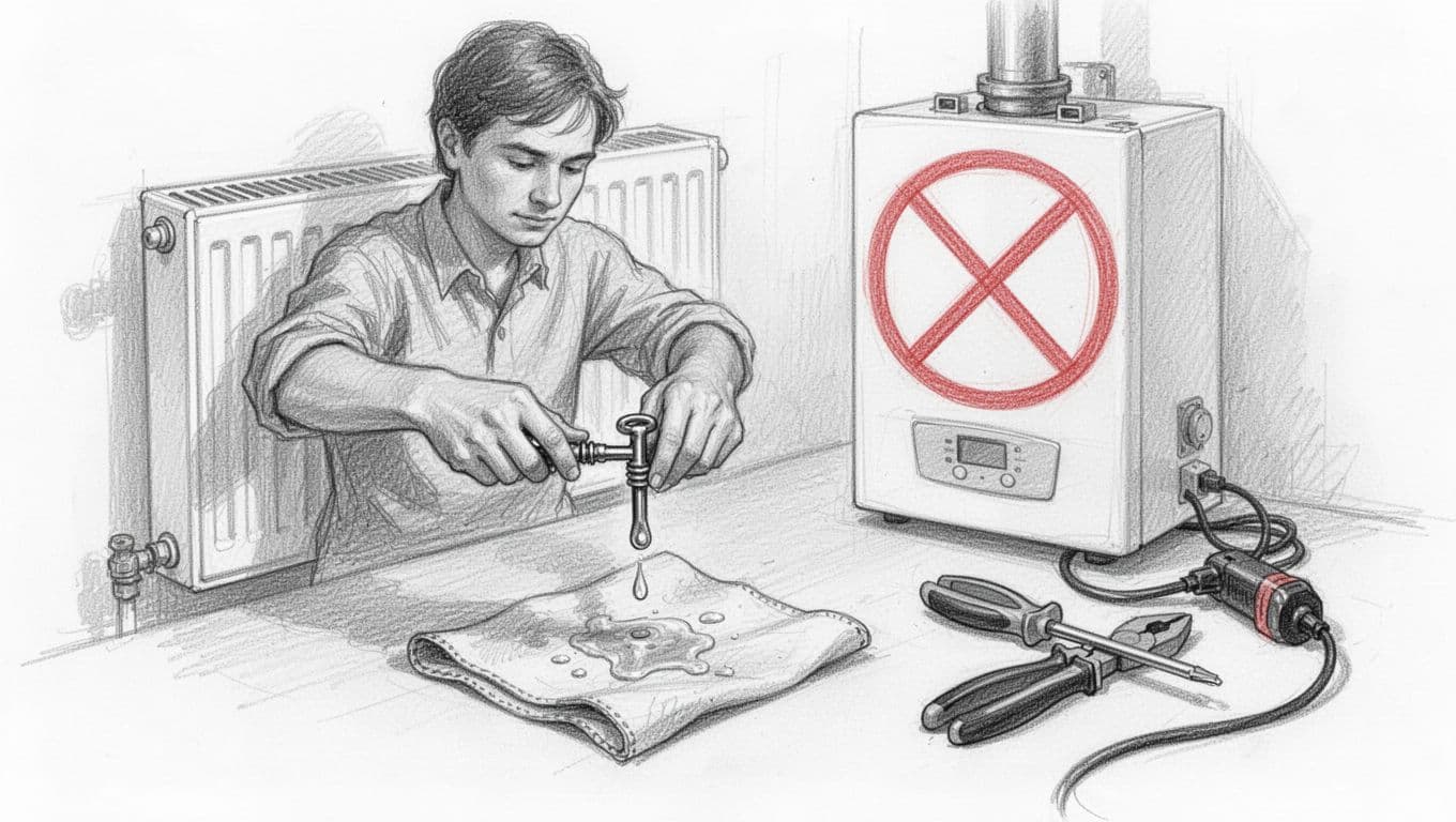 Hand-drawn graphite sketch on white paper: left side shows a person safely using a bleed key on a radiator with cloth catching drops; right side shows crossed-out gas boiler with tools and professional-only warning. Light shading, thin linework, clean white background.