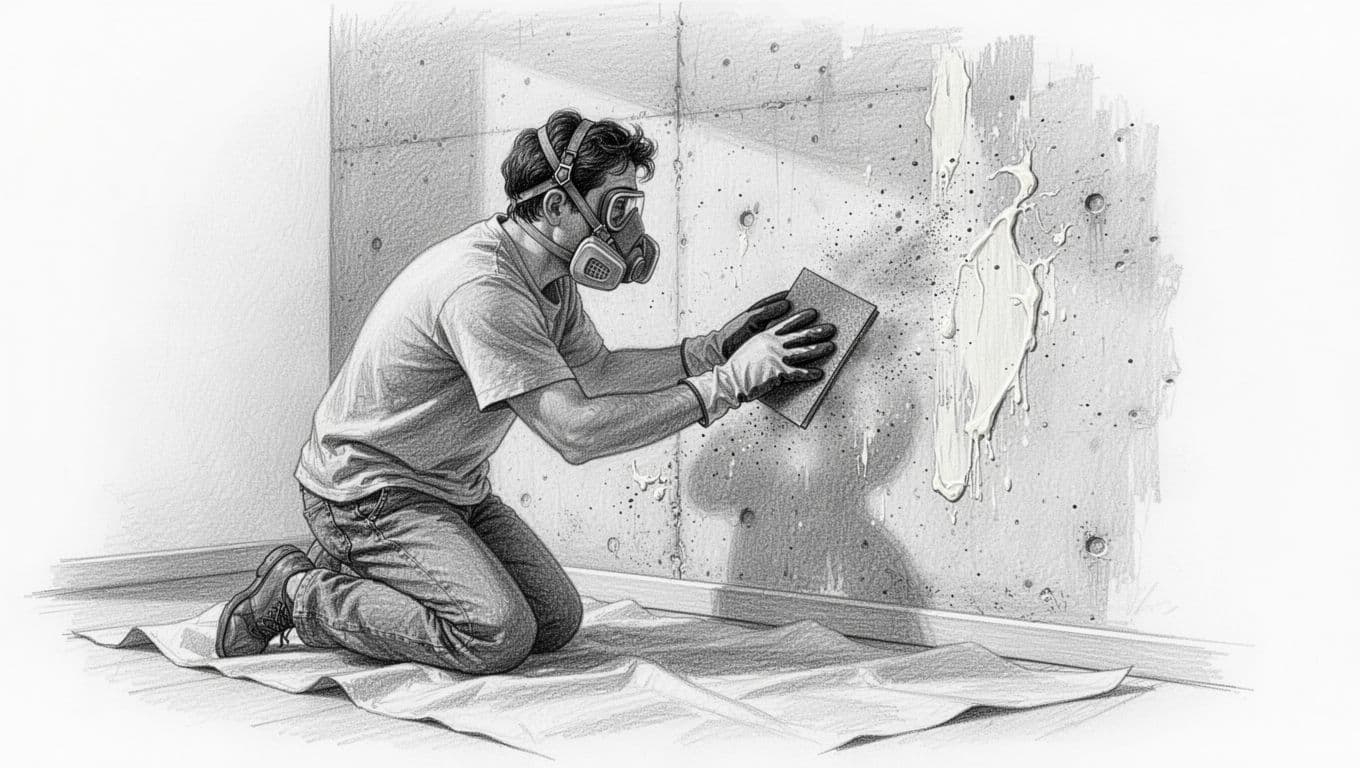 Hand-drawn graphite sketch of a person wearing dust mask and gloves sanding stubborn wallpaper glue residue from a concrete wall using a medium grit sanding block, with light dust particles and drop cloth.