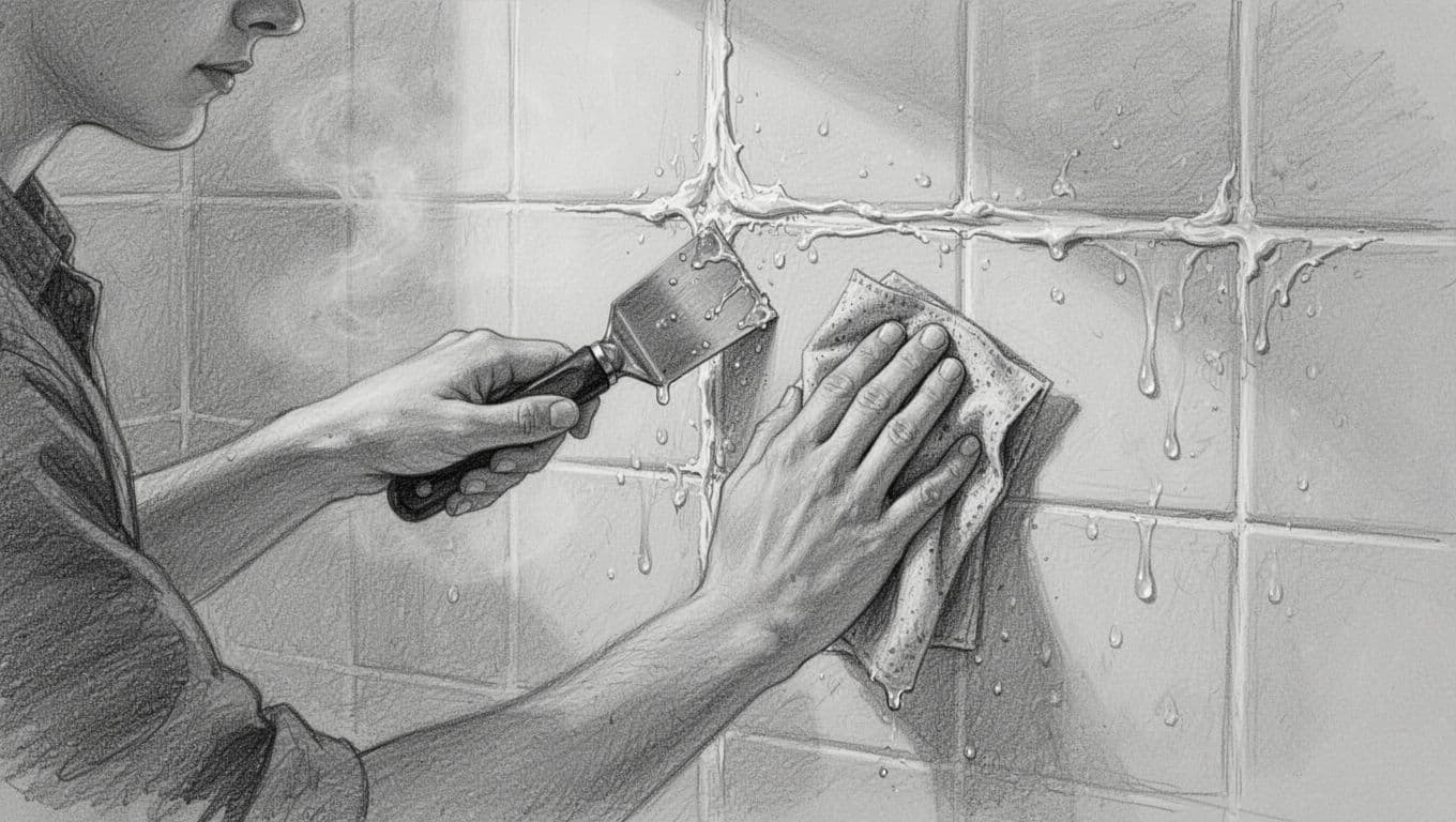 Hand-drawn graphite sketch showing one person removing old silicone sealant from bathroom tile joints with a scraper tool, wiping tiles with a vinegar-soaked cloth to degrease, and nearby tiles air-drying in a steamy bathroom setting with a shower in the background.