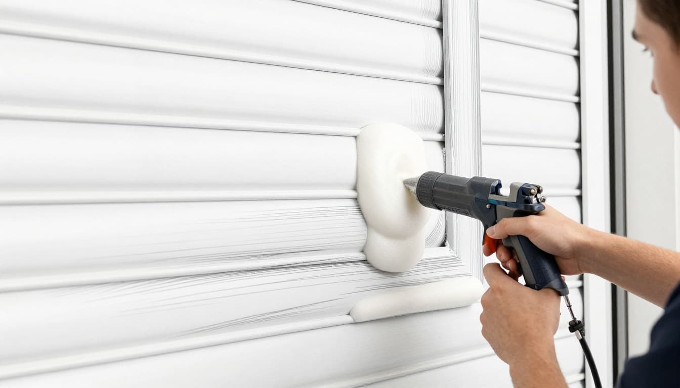 Hand-drawn graphite sketch depicting careful application of low-expansion PU foam into gaps of an insulated roller shutter box using a foam gun, with window frame nearby and relaxed hands.