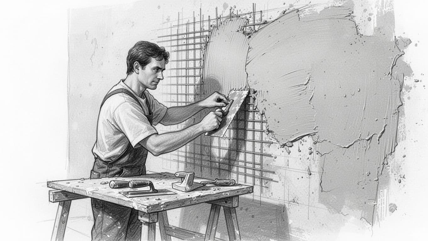 Hand-drawn graphite sketch illustrating the second plaster layer application: reinforcing mesh embedded in plaster on a wall, smoothed with joint knife and trowel by one person, workbench with tools, clean white background.