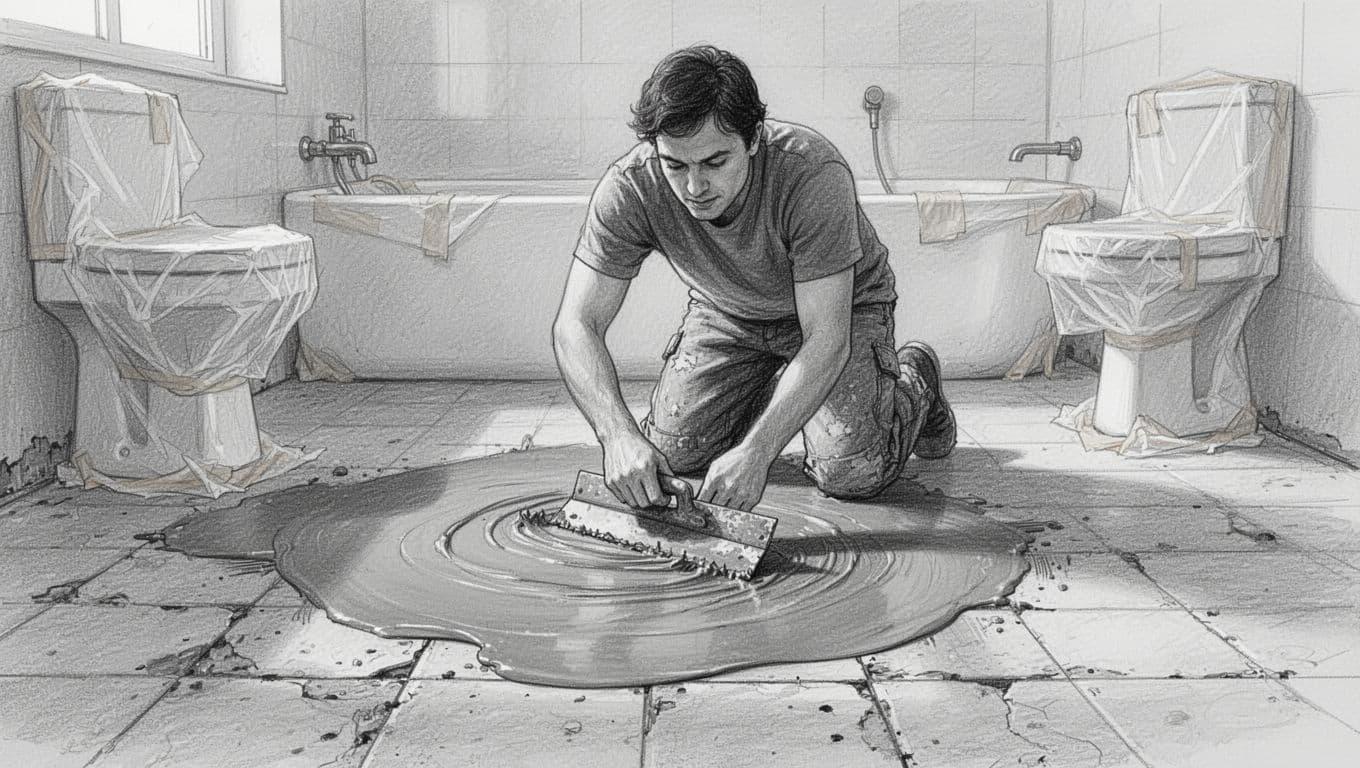 Hand-drawn graphite sketch of a person using a trowel to spread smooth self-leveling liquid floor compound over old tiles in a bathroom, featuring protective coverings on fixtures, natural indoor lighting, and light shading on clean white paper.
