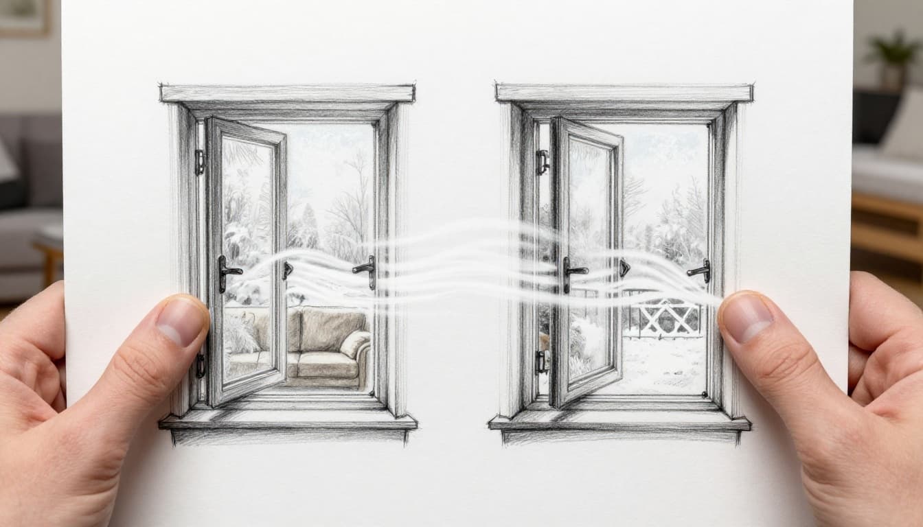 Hand-drawn graphite sketch of one person in a relaxed pose opening two opposite windows fully in a cozy modern living room for shock ventilation, with subtle air flow lines, warm interior, and cold winter frost visible outside.