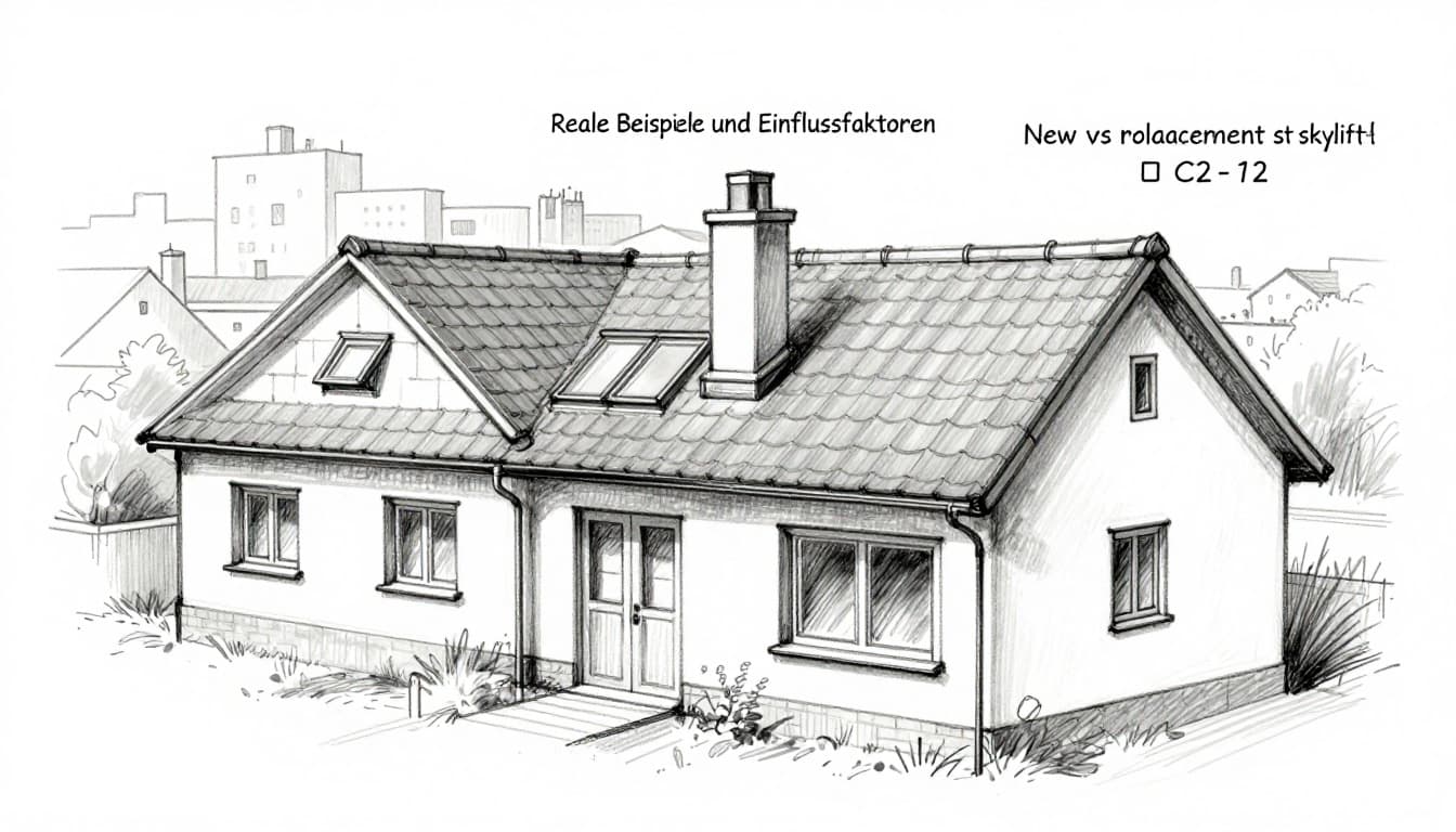 Hand-drawn graphite sketch of house roofs with skylights in urban (city with two windows) and rural (countryside with one larger window) settings, implying cost differences by size, with icons for exchange and new build on a clean white background.