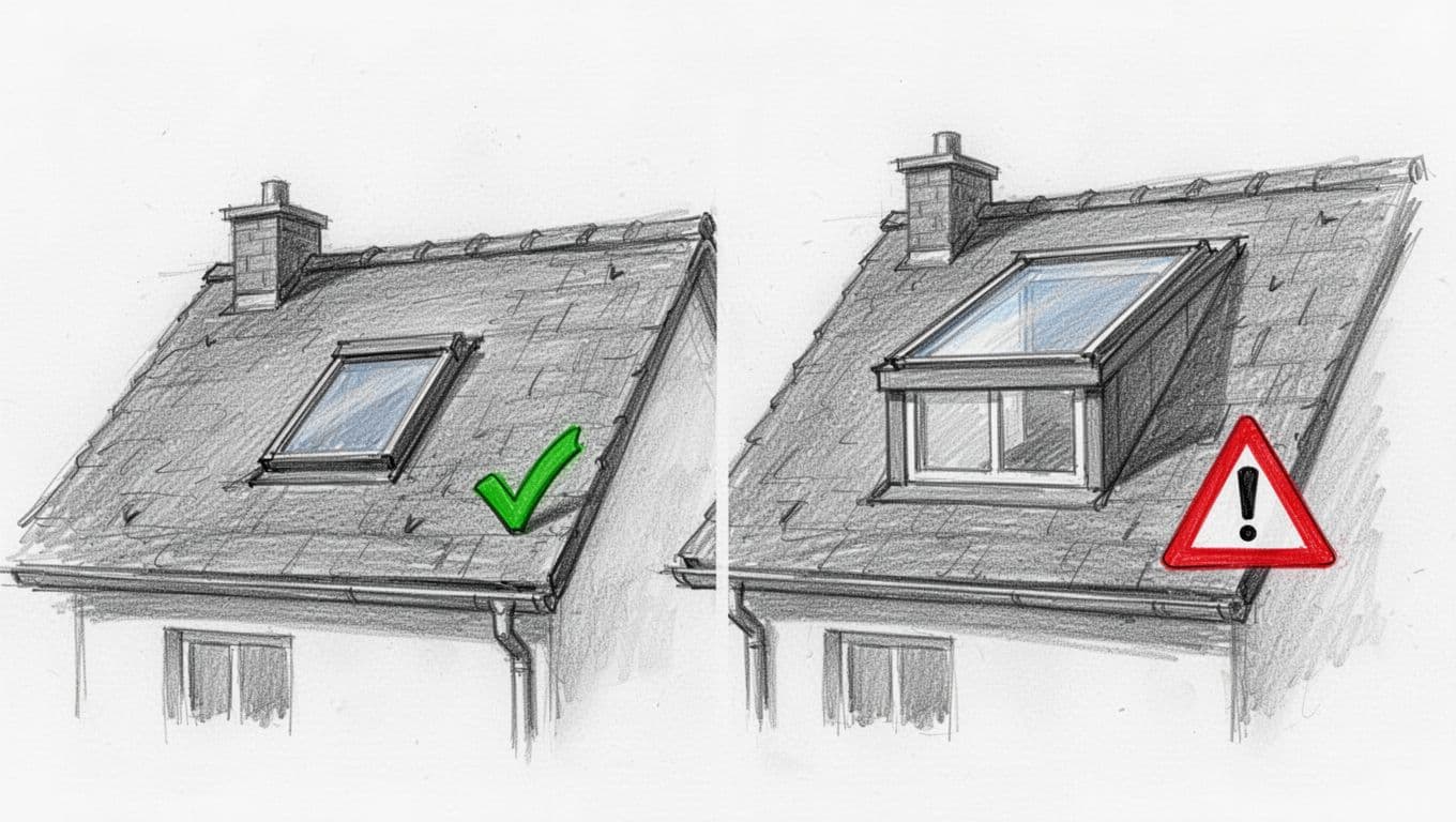 Hand-drawn graphite sketch of two house roofs side by side: left with simple small skylight (no permit needed, checkmark icon), right with larger skylight and dormer (permit required, warning icon). Light shading on clean white background.