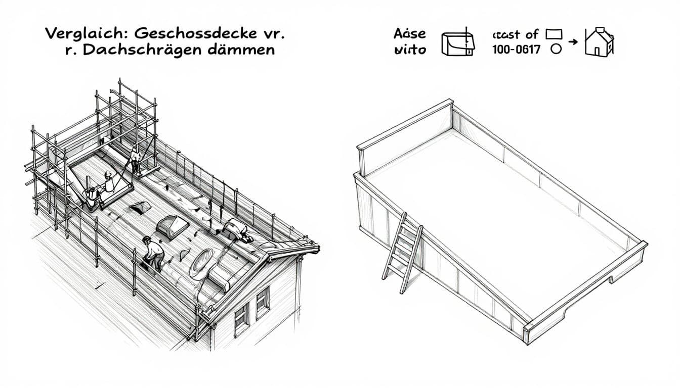 Hand-drawn split sketch comparing complex sloped roof insulation with scaffolding and tools (left) to simple flat ceiling insulation from inside using ladder and plates (right), with icons for area and effort on light gray background.