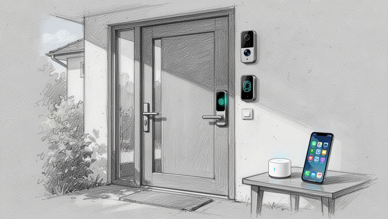 Handgezeichnete Graphitskizze einer modernen Haustür mit Fingerprint-Scanner neben dem Griff, Video-Intercom-Kamera oben und Smart-Home-Hub sowie Smartphone mit App daneben vor einem Einfamilienhaus-Eingang. Leichte Schattierung mit dünnen Linien auf hellgrauem Papier im natürlichen Tageslicht.
