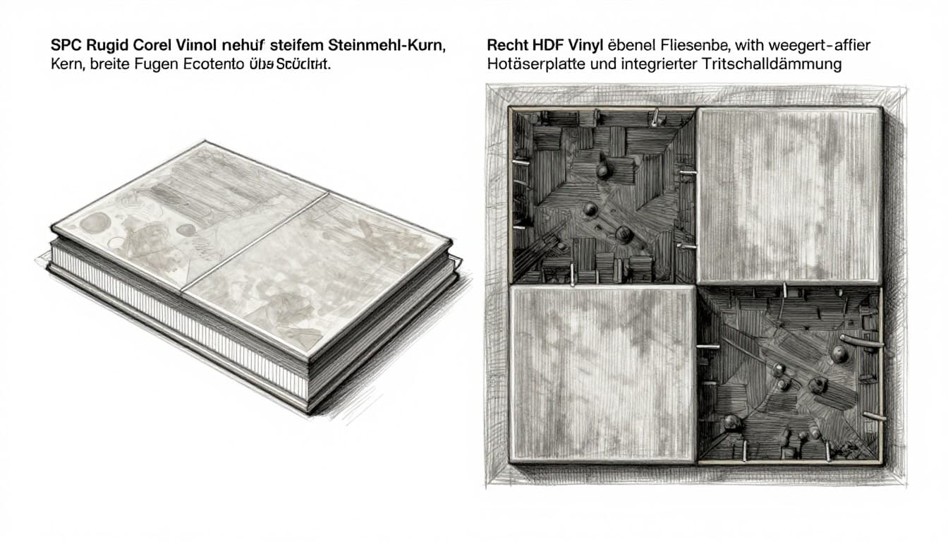 Hand-drawn cross-section sketch of two vinyl samples side-by-side on tile background: left SPC Rigid Core with stone powder core bridging wide joints for stability, right HDF with soft fiberboard and impact sound insulation on flat tiles. Graphite linework, light shading, neutral tones on white paper.