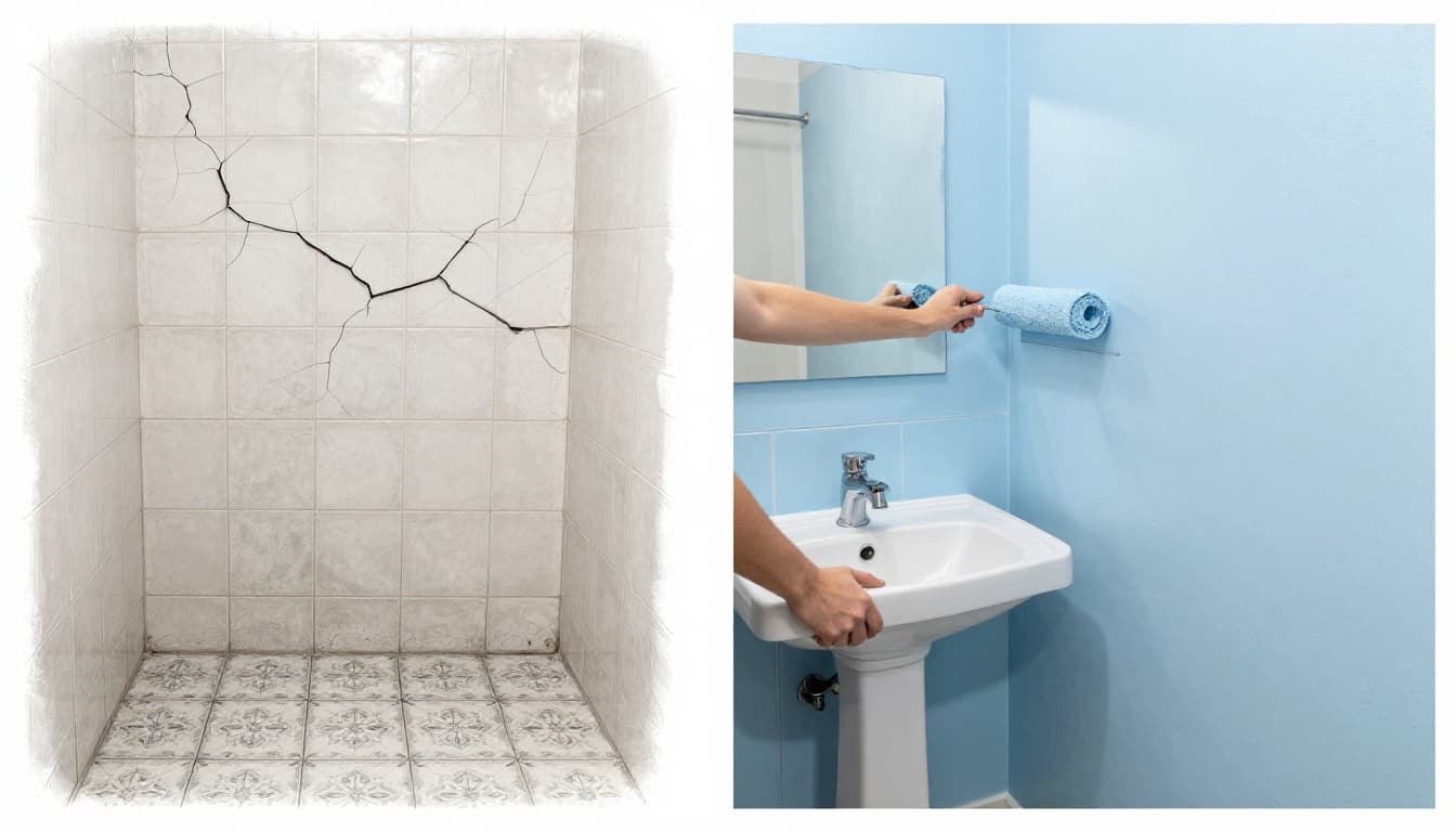 Split-view hand-drawn sketch of a 15m² bathroom showing old cracked dirty tiles on the left and freshly painted modern light blue on the right with a person rolling paint.