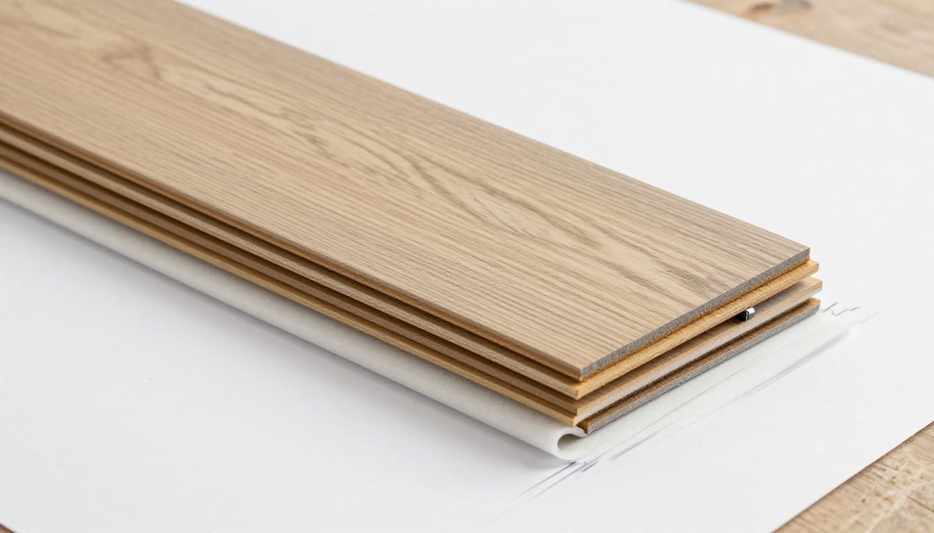 Hand-drawn graphite sketch of stacked laminate flooring planks in natural oak look showing 5G click system detail on edge, foam underlay sheet unrolled nearby, arranged on workshop floor with clean white paper background and light shading.