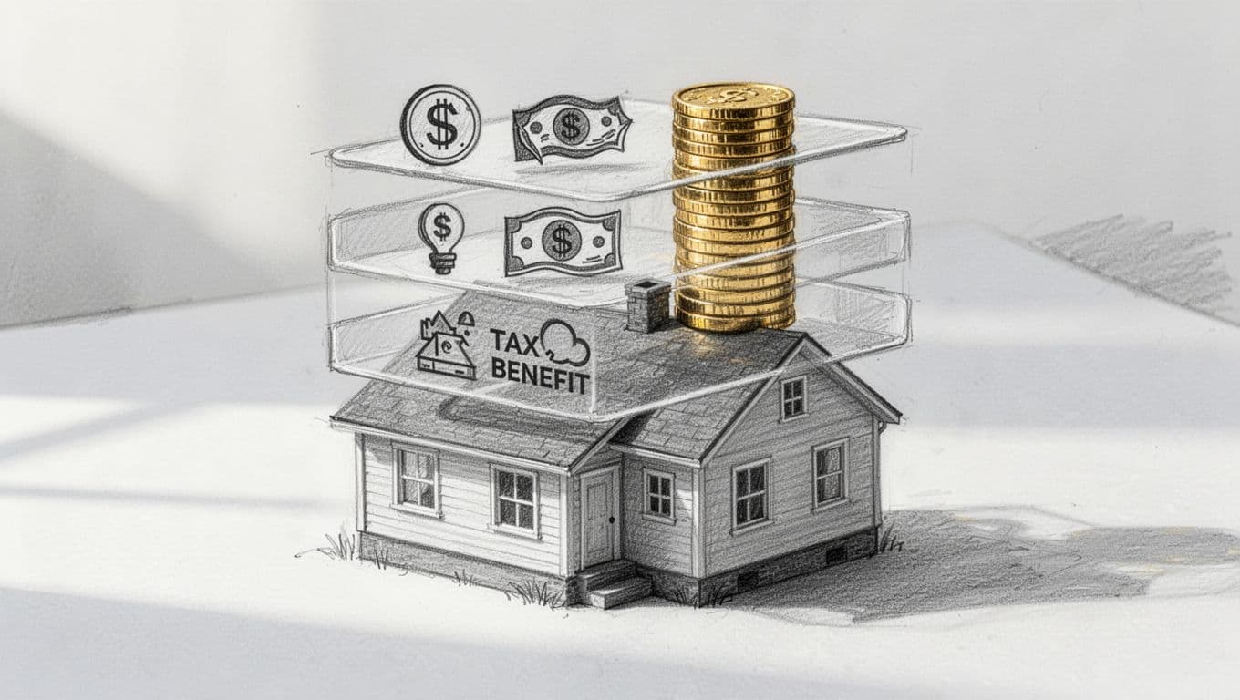 Hand-drawn graphite sketch of a single-family house with transparent stacked layers labeled BAFA grant, KfW 358/359 loan, and tax bonus, culminating in a tall pile of savings coins.