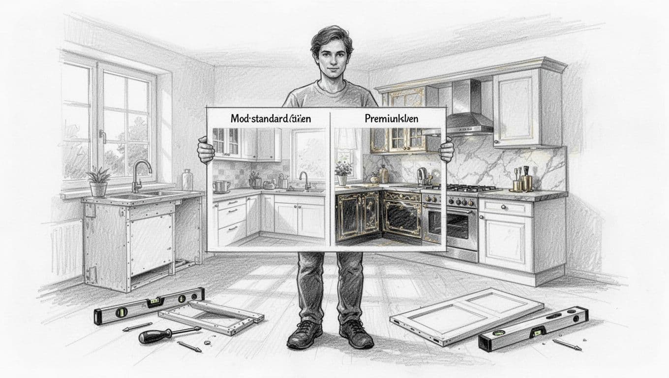 Hand-drawn graphite pencil sketch on white paper showing side-by-side a modest standard kitchen renovation and a luxurious premium kitchen in a German single-family home, with installation tools and one person holding a comparison chart.