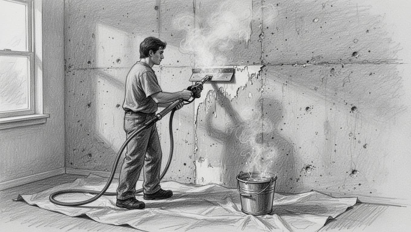 Hand-drawn graphite sketch showing one person using a steam wallpaper remover on a rough concrete wall to loosen peeling wallpaper, holding a scraper, with visible steam and a water bucket on a drop cloth-covered floor.
