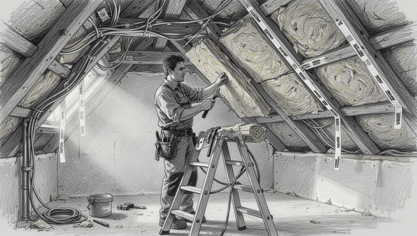 Hand-drawn graphite sketch depicting the sequential DIY process for insulating a top floor ceiling, from clearing attic space and marking utilities to installing mineral wool panels with simple tools.