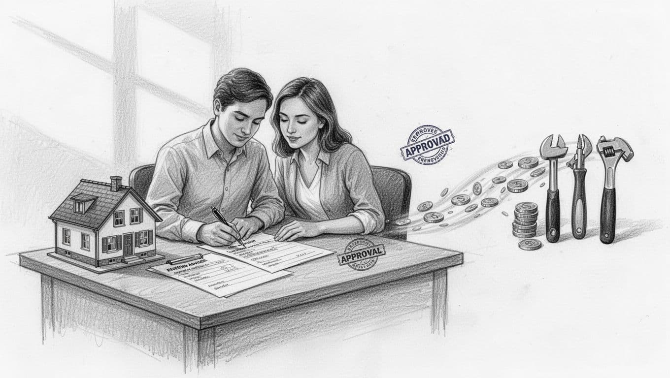 Hand-drawn graphite sketch on white paper showing the funding application process: consulting an energy advisor, filling forms at a desk with a house model, approval stamp, and money flowing to renovation tools.