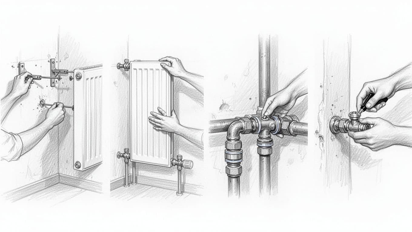 Sequence of hand-drawn graphite sketches depicting radiator replacement: wall brackets, lifting slim panel radiator, pipe connections with gaskets, and venting with key on white background.