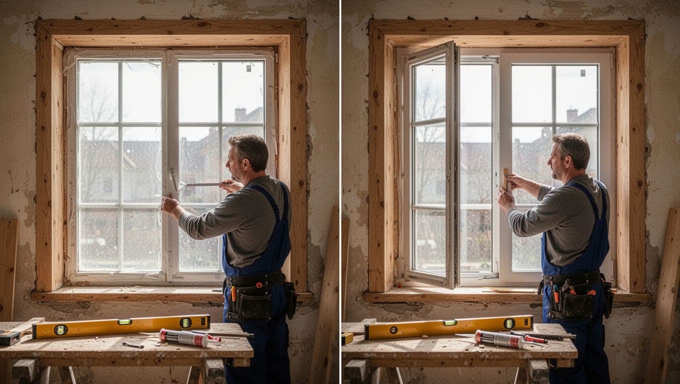Hand-drawn pencil sketch depicting a professional worker measuring and fitting a heavy triple-glazed window into an old building's wooden frame, with a before-and-after split view showing replacement of a single pane with triple pane, tools nearby on white paper.