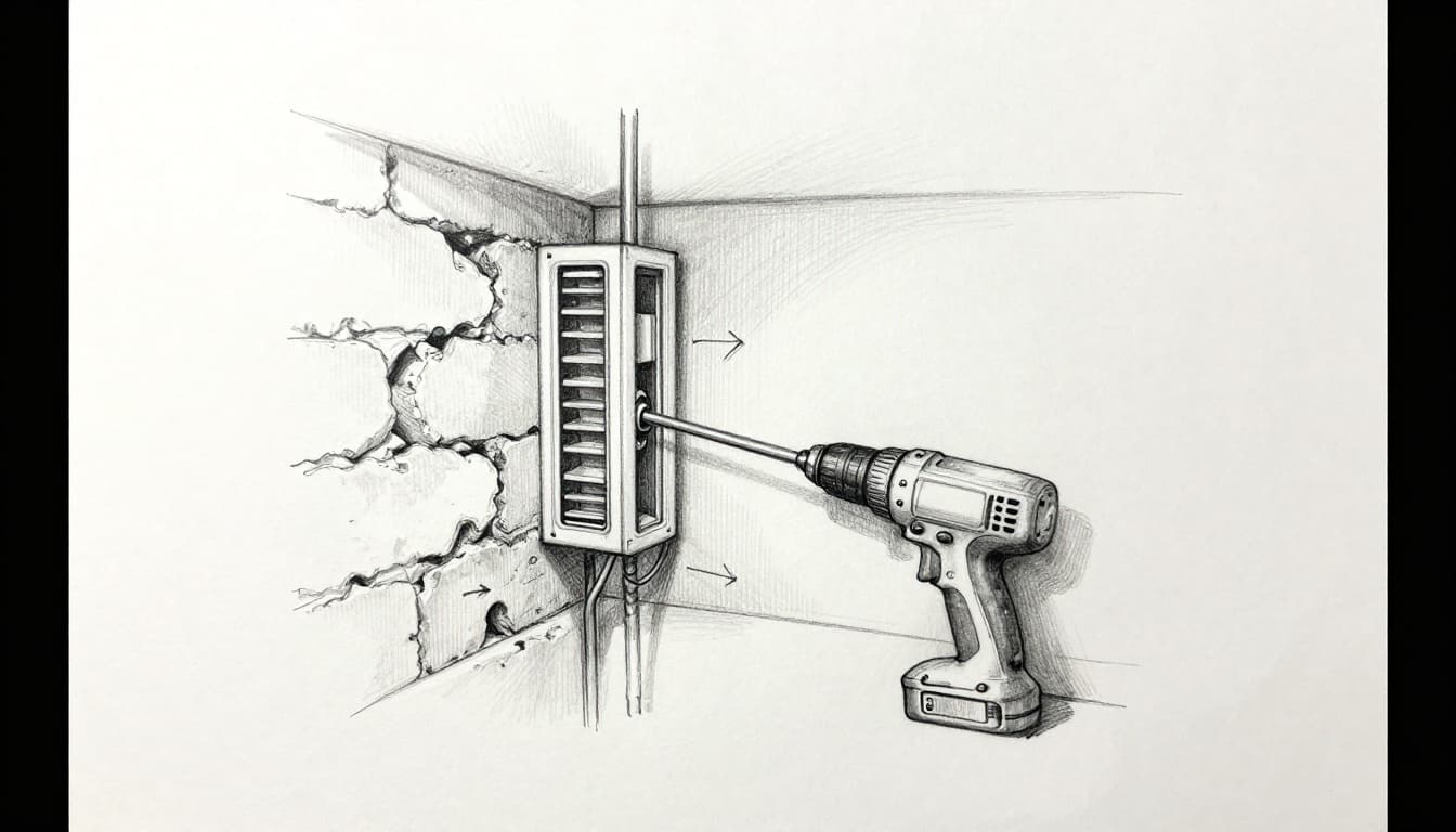 Hand-drawn graphite sketch depicting the installation of a single room ventilation unit in an old building wall, showing core drilling through masonry, device insertion, wiring connection, with tools and directional arrows.