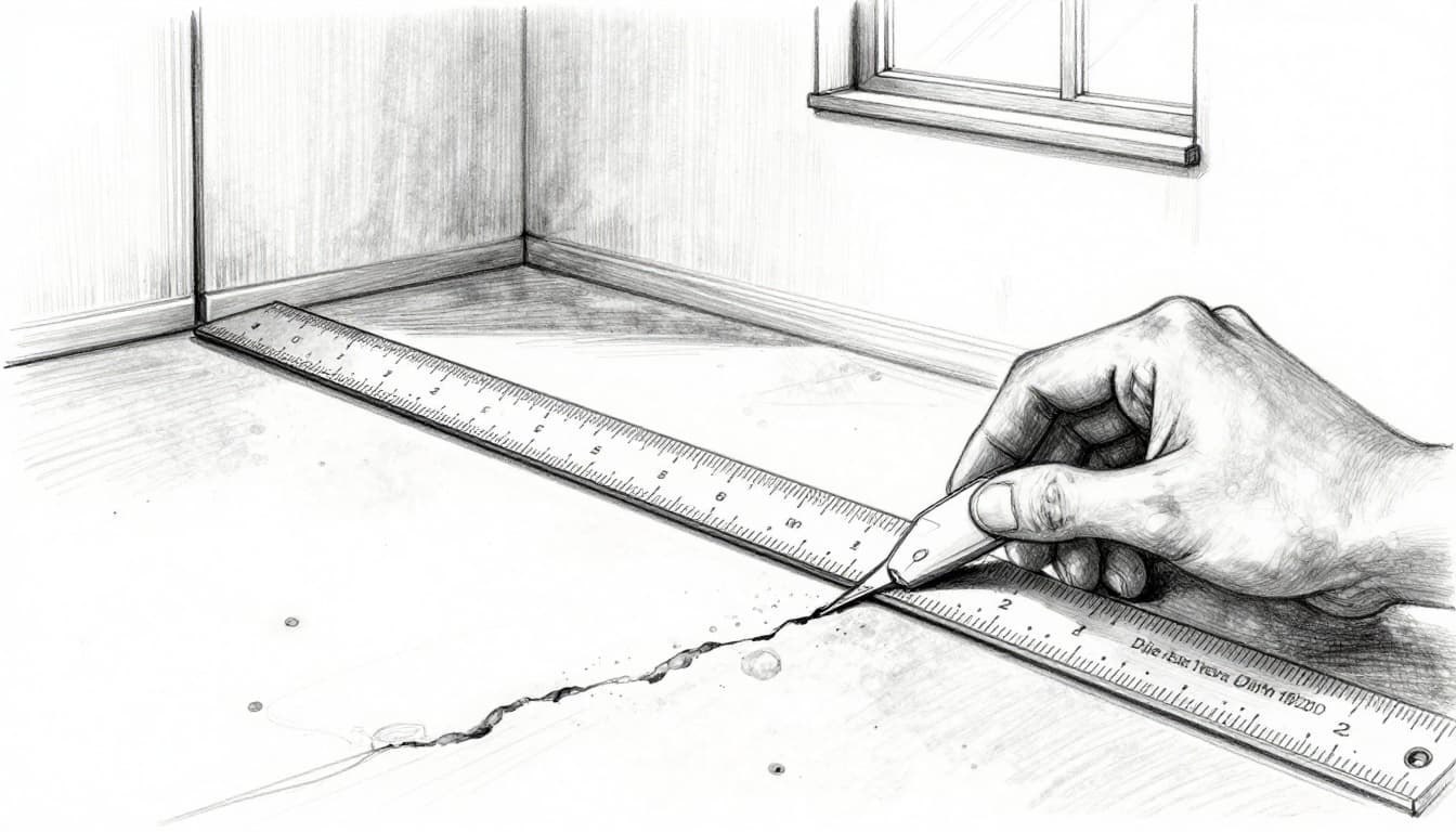 Hand-drawn graphite sketch of a straightedge ruler laid across an uneven concrete floor, with a hand inserting a feeler gauge to measure the gap underneath.