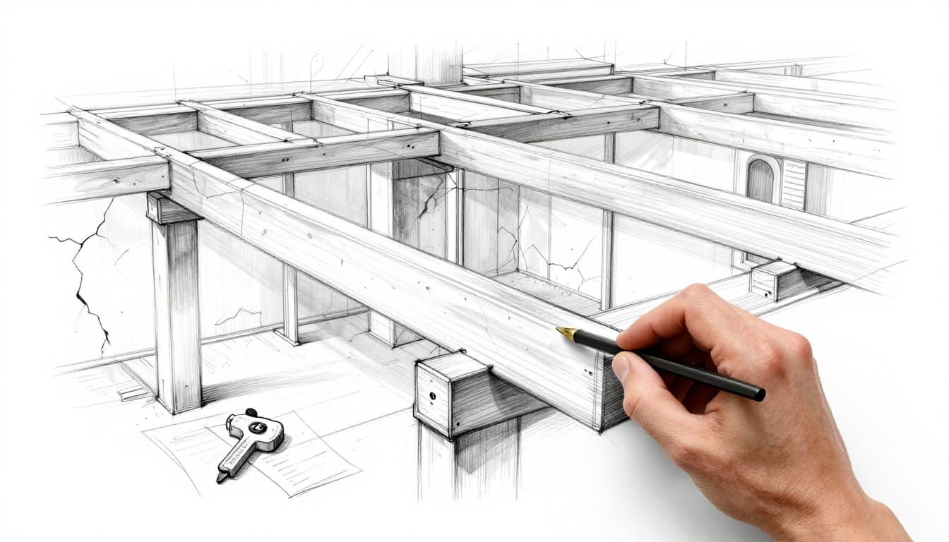 Hand-drawn graphite sketch of a structural engineer examining load-bearing beams in an old building interior with visible wall cracks and measuring tools nearby.