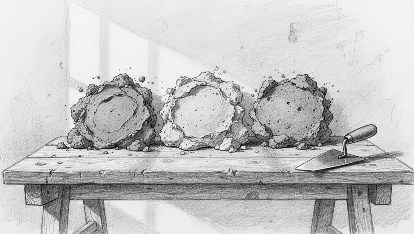 Hand-drawn graphite sketch featuring samples of clay plaster (Lehmputz), lime plaster (Kalkputz), and mineral plaster on a wooden workbench with natural textures, a trowel nearby, light shading, and clean white background.
