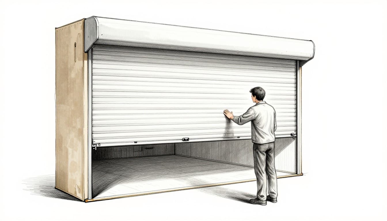 Hand-drawn graphite sketch of a person checking the smooth operation of a lowered roller shutter on an insulated box in a cozy room interior, with no gaps visible and light shading on a clean white background.