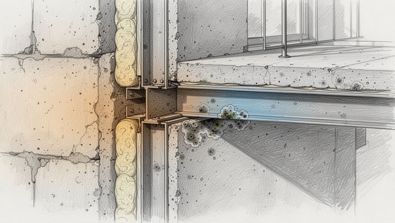 Hand-drawn graphite sketch of a side-view cross-section showing a thermal bridge at a building corner balcony connection in a renovated house wall, with insulation gaps, cold spots, potential mold growth, and subtle temperature gradient shading.