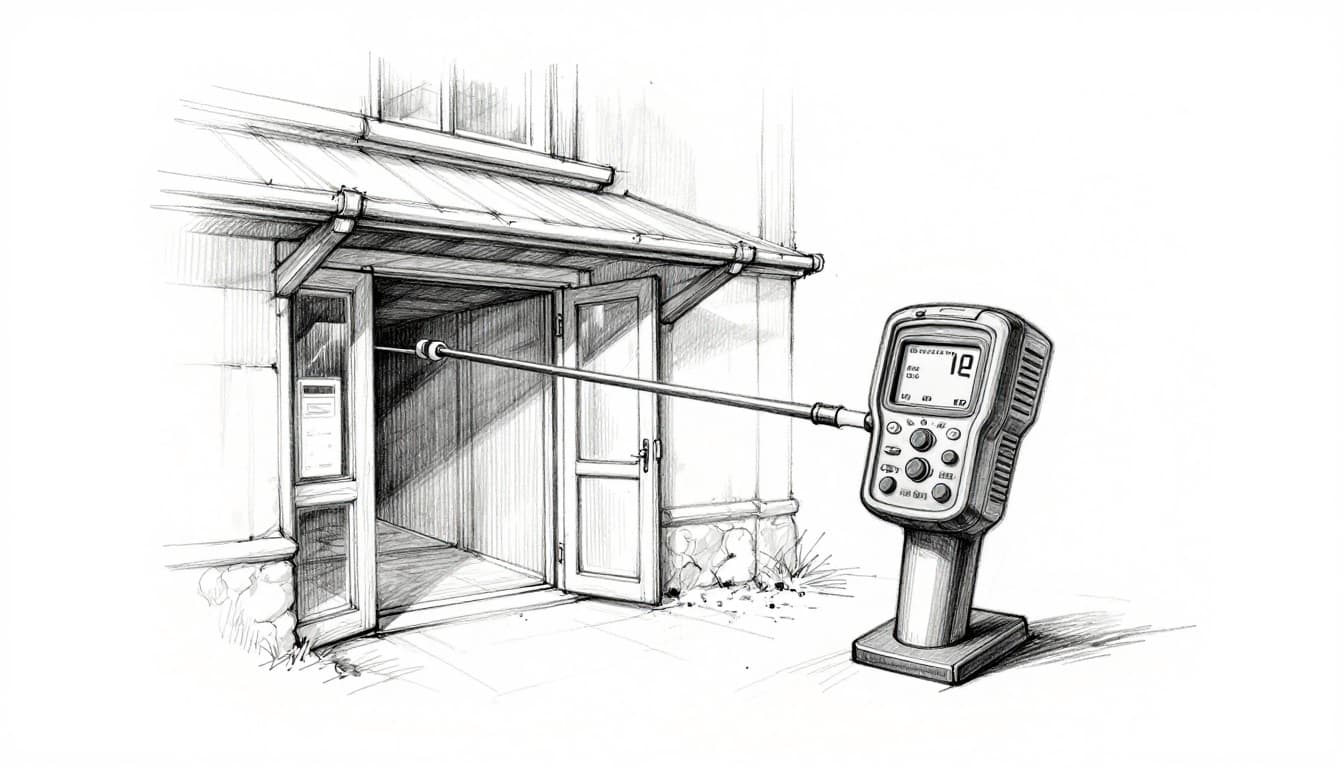 Hand-drawn graphite linework sketch showing thermal camera, blower door setup, and moisture meter on old building elements for thermal bridge detection, with light shading on a clean white background.